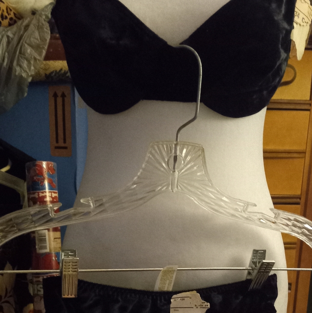 Not new,tags crushed black velvet underwire bra 34c rhinestone strap &med. panty